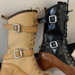 Yellow Cowboy Boots Lace Up Belt Buckle Block Heels Mid-calf Western Boots Vintage Shoes Black Botas Mujer