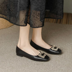 Rhinestone Lace square buckle Square Closed Toe Slip On Flat Shoes Solid