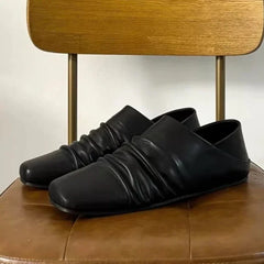 Pleated Leather Flat Mules Shoes Woman High Quality Squared Toe Slippers Comfort Outdoor Casual Flats