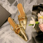 Elegant Party Genuine Leather Thin Heels Mules Slippers Narrow Band Shoes Woman