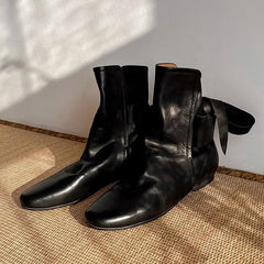 Soft Leather Lace-up Ankle Boots Comfortable Flats Short Booties Bowknot Chelsea Boots Shoes Botas