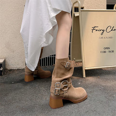 Cow Suede Leather Mid-calf Boots Thick High Heels Warm High Boots Motorcycle Boots Shoes