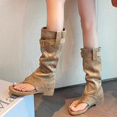 Internal Elevation Knee High Boots Retro Style Clip Toe Shoes Causal Slip On Sandalias Booties