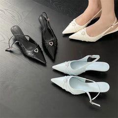Pointed Toe Slingbacks Elegant Buckle Strap Thin Low Heels Party Prom