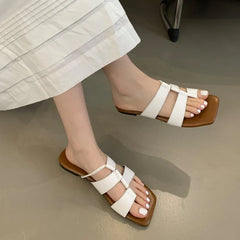 Set Toe Flat Sandals Square Head Hollow Slippers Party Soft Bottom Beach Shoes Flip Flops