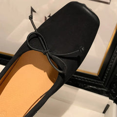 cow leather square toe slip-on ballet flats sweet bowtie casual high quality soft comfortable shoes