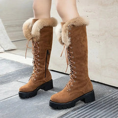 Lace-up Shoes Snow Boots Real Fur Boots Knee High Suede Thick Heel Warm Outdoor with Zip Big Size 43