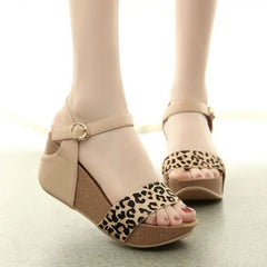 Genuine Horsehair High-heeled Thick-soled Leopard-print Roman Slope-heeled Sandals 32 33 Small Size Shoes
