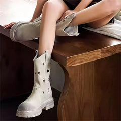 Western Cowgirl Boots Western Chunky Heel Round Toe Platform Star Hollow Retro Cowboy Mid Calf Boots