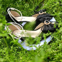 Elegant Woman Heels Lolita Y2k Mary Jane Shoes Black Heart Pearl Shoes Sandals