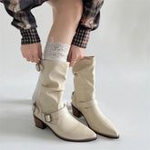 Western Cowboy Boots Vintage Slip On Thick Heel Shoes Mid Calf Botas Zapatos De Mujer