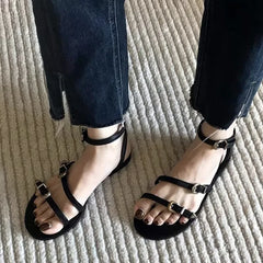 Multi Metal Buckle Design Flat Sandals Open Toe Ankle-Wrap Beach Roman Sandals Elegant