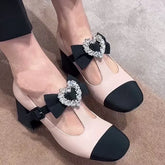 T Straps Mary Janes Shoes Bow with Heart Shape Rhinestone Decor Sweet Girl Pumps Block High Heels Dress Sandals