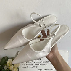 Satin Pointed Toe Mules Sandals High Quality Shallow Thin Low Heels