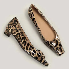 Leopard Kitten Heel Pumps Woman Pointed Toe Shoes Wedges Low Heeled Tacones Femmes Patent Leather Dress Bridal Shoes Ladies