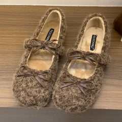 Elegant Purple Fluffy Warm Ballet Flats Fall Bow Design Flat Loafers Comfortable Soft Sole Mary Jane Shoes