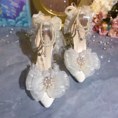 Elegants White Lolita Mary Jane Shoes Woman Pearl Lolita Sandals Sling Back Heels