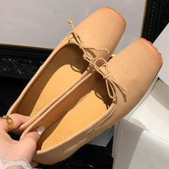 cow leather square toe slip-on ballet flats sweet bowtie casual high quality soft comfortable shoes