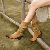 High Heel Leather Shoes Knight Boot Western Cowboy Boots Pointed Toe Thick Soled Short Boot
