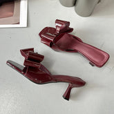 Patent Leather Butterfly Knot Slippers Square Toe Low Thin Heels Mules Slides Shoes Size 39