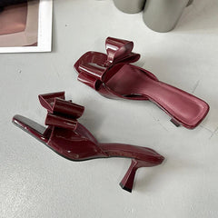 Patent Leather Butterfly Knot Slippers Square Toe Low Thin Heels Mules Slides Shoes Size 39