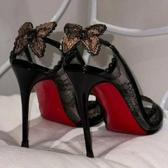 Cutout Lace Bowknot Peep Toe Slingback Sandals Thin High Heels Black Patent Leather Party Wedding Shoes