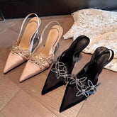 and pointed rhinestone mesh butterfly sandals thin high heel banquet dress small size crystal shoes