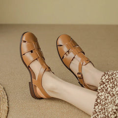 Sandals Low Thick Heel Genuine Leather Hook and Loop Back Strap Casual Sandals Solid Color Shoes
