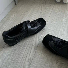 Retro Square Toe Ballet Sneaker Leather Patchwork Sports Shoes Casual Lace Up Belt Buckle Design Mary Jane Shoes