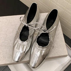 genuine leather pleated lace-up ballet flats round toe high quality soft comfortable ballerinas shoes