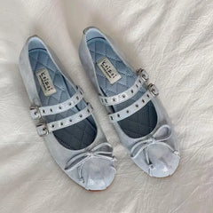 Genuine Leather Bow Mary Jane Shoes Shallow Ballet Style Shoes Outdoor Casual Comfortable Flat Shoes