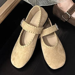 Retro Woven Faux Suede Mary Jane Shoes Metal Buckle Brand Shoes Comfortable Round Toe Shallow Casual Shoe