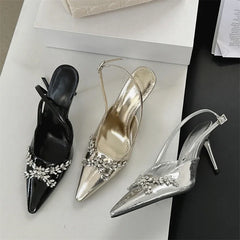Design CRYSTAL Rhinestone Buckle Strap Banquet Thin High Heels Prom Sandals Mule Shoes Zapatos De Mujer