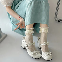 Cute Lace JK Mary Jane Shoes Butterfly-knot Leather Shoes Outdoor Party Dress Pumps