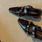 Genuine Leather Flat Shoes Square Toe Mary Jane Style Shoes Bead Decoration Comfortable Loafers Shoes