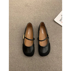 Leather Shallow Soft Sole Casual Mary Jane Shoes French Metal Buckle Flat Shoes