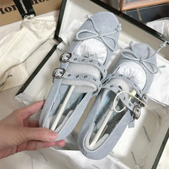 Genuine Leather Bow Mary Jane Shoes Shallow Ballet Style Shoes Outdoor Casual Comfortable Flat Shoes