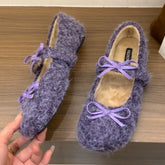 Elegant Purple Fluffy Warm Ballet Flats Fall Bow Design Flat Loafers Comfortable Soft Sole Mary Jane Shoes