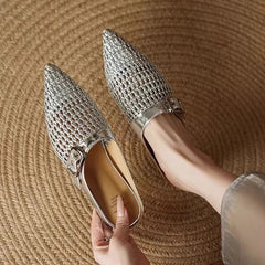 Weave Pointed Toe Slippers Flats Mules Shoes Dress Slingback Shoes Casual Flip Flops De Woman