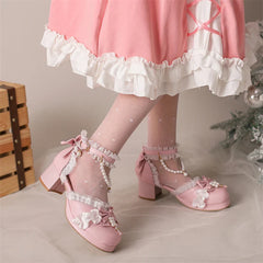 Kawaii Ankle Strap Lolita Pumps Round Toe Platform Thick Mid Heel Buckle Bow Bead Cosplay Lady Shoes Autumn