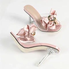 Pink Bowknot Slippers Clear High Heels Mules Heels Transparent Pvc Slide Sandals Party Banquet Shoes