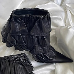Black Cake Layered Lace Stiletto Ankle Boots Woman Side Zipper Pointed Toe Boots Wedding Shoes
