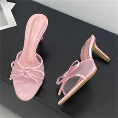 Butterfly-knot Breathable Holes Mesh Open Toe Woman Slippers Thin High Heels Party