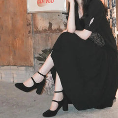 Black Suede Mary Janes Shoes Chunky Heel High Heels Round Toe Pumps Party Zapatos De Mujer