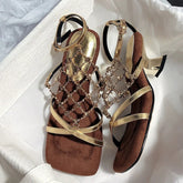 Roma Style Hollow Out Crystal Mesh Cozy Square Open Toe Strange Low Heels Shoes Gladiator Sandalias