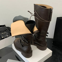 Punk Style Cross-Strap Low Heels Knee-High Boots Belt Buckle Round Toe Zipper Shoes