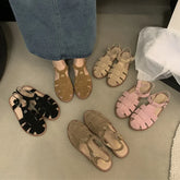 Roman Sandals Flat Retro Real Leather Sandals Hollowed Cage Shoes