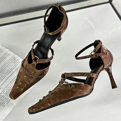 Retro Rivets Metal Chain High Heels Thin Heel Party Elegant Office Shoes Pointed Toe Pump Sandals