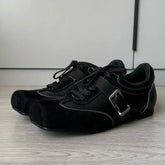 Retro Square Toe Ballet Sneaker Leather Patchwork Sports Shoes Casual Lace Up Belt Buckle Design Mary Jane Shoes