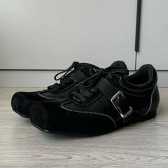 Retro Square Toe Ballet Sneaker Leather Patchwork Sports Shoes Casual Lace Up Belt Buckle Design Mary Jane Shoes